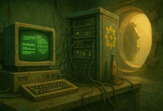 Постапокаліптична серверна у стилі Fallout: старий CRT-монітор із зеленим екраном, ржавий серверний стелаж і напіввідчинені двері сховища.