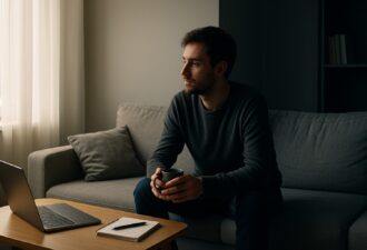 Задумливий чоловік з горнятком на сірому дивані біля вікна; на столику ноутбук і блокнот — ілюстрація до статті про вигорання та депресію.