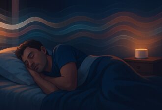 Молодий чоловік спить у темній спальні; хвилі кольорового шуму, лампа і пристрій білого шуму на тумбі.