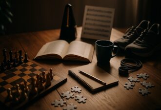 Дерев’яний стіл з шахівницею, відкритою книжкою, горням і розсипаними пазлами в теплому світлі.