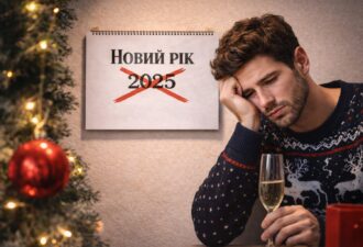 Горизонтальне кінематографічне фото: сумний молодий чоловік стоїть у кімнаті біля стіни з настінним календарем, у центрі якого напис «Новий рік 2025», перекреслений червоним хрестиком; поряд видно ялинку з гірляндами, м’яке тепле світло, атмосфера розчарування після невдалого свята.