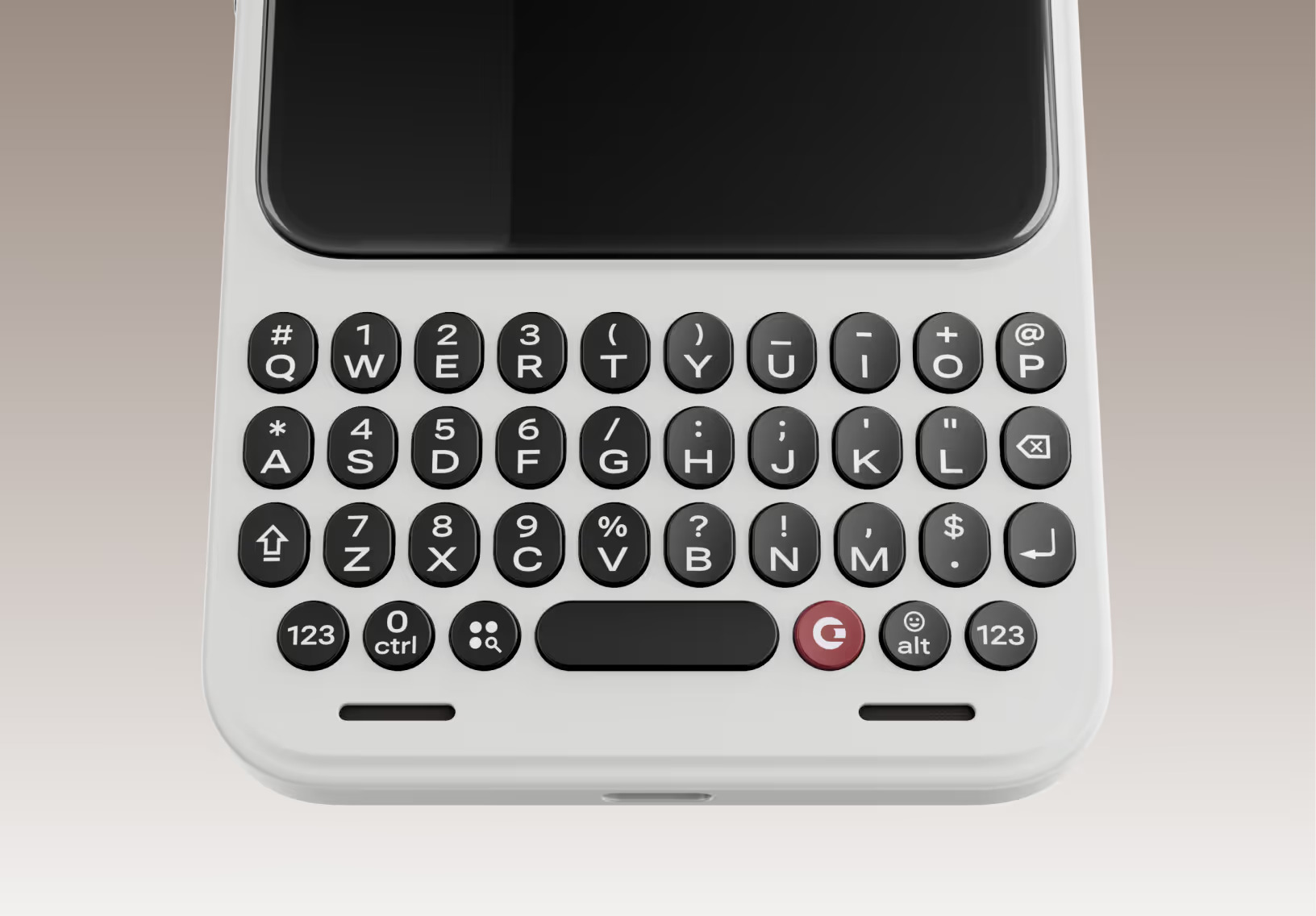 Нижня частина смартфона з фізичною QWERTY-клавіатурою: круглі чорні кнопки з літерами, цифрами та символами, білий корпус і червона функціональна клавіша по центру.