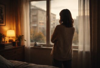 Жінка стоїть біля вікна у напівтемній кімнаті, дивиться на нічне місто з вогнями; кінематографічне освітлення, відчуття рутини, втоми й внутрішніх роздумів