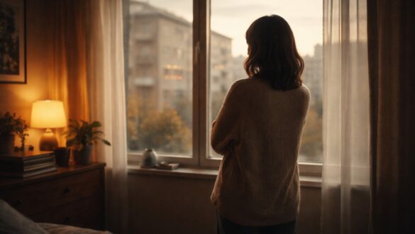 Жінка стоїть біля вікна у напівтемній кімнаті, дивиться на нічне місто з вогнями; кінематографічне освітлення, відчуття рутини, втоми й внутрішніх роздумів