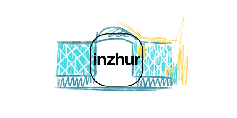 Стилізований логотип з написом «inzhur» у центрі, обрамлений округлою рамкою; на фоні — ескіз будівлі в бірюзових і жовтих тонах у сучасному графічному стилі.