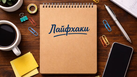 Закритий крафтовий блокнот із написом «Лайфхаки» на обкладинці лежить на дерев’яному столі, навколо розкидані кольорові скріпки, стікери, рулон скотчу, ручка та чашка кави, вид зверху.
