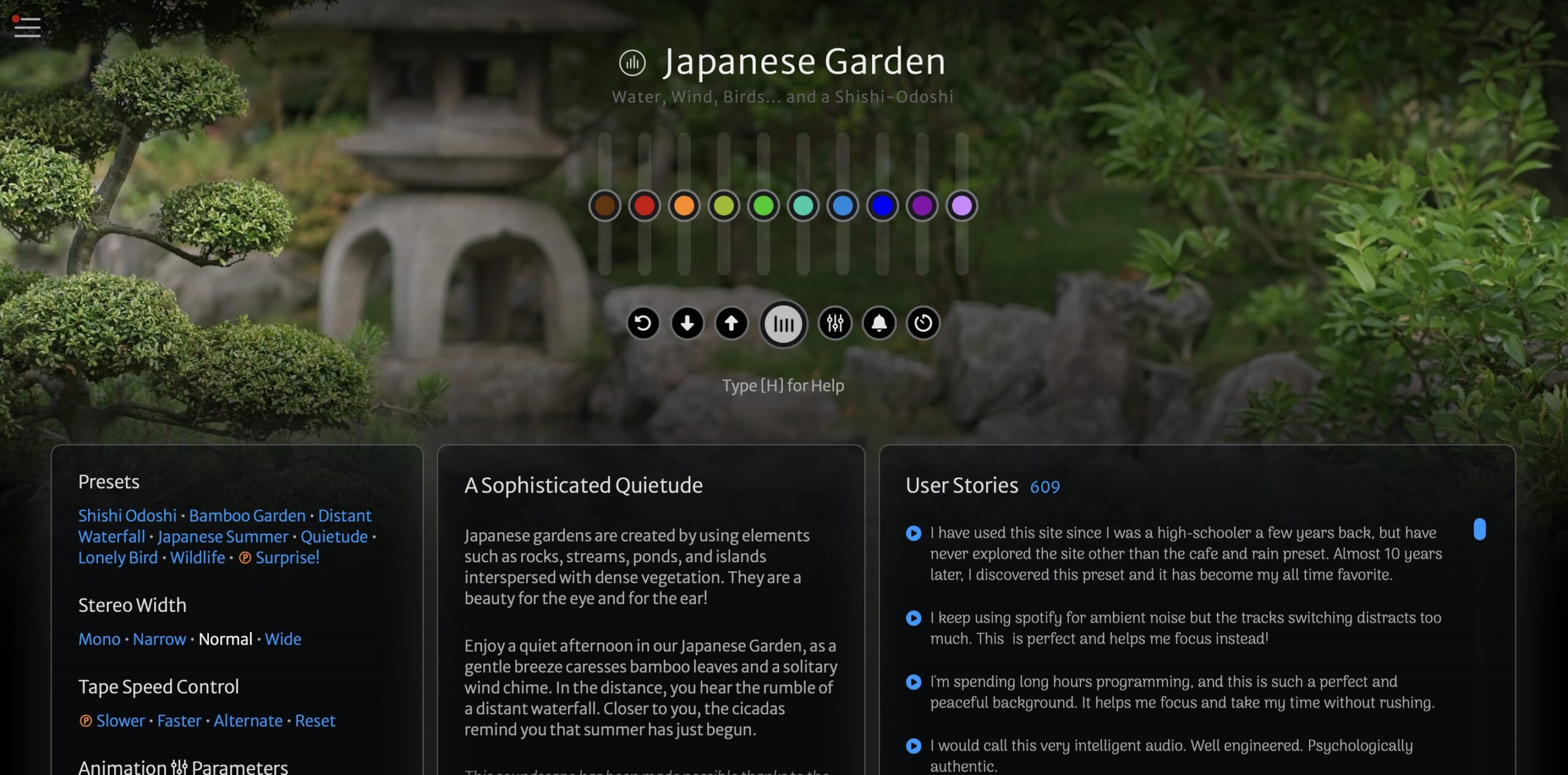 Інтерфейс сайту з атмосферними звуками «Japanese Garden»: на фоні розмитий японський сад із кам’яним ліхтарем і зеленими кущами, поверх — панель керування з кольоровими повзунками, пресетами та описом режиму для релаксу.