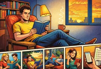 Хлопець сидить у кріслі та читає книгу біля лампи на фоні вечірнього міста у стилі коміксу.