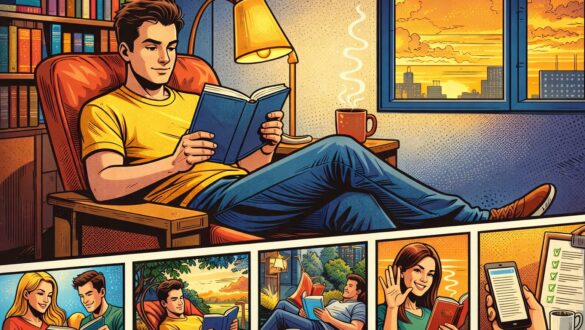 Хлопець сидить у кріслі та читає книгу біля лампи на фоні вечірнього міста у стилі коміксу.