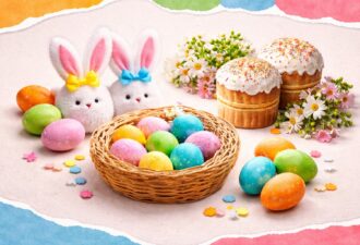 Два декоративні зайчики поруч із кольоровими пасхальними яйцями на світлому однотонному фоні.