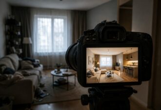 Професійний фотоапарат на штативі знімає квартиру: у видошукачі видно світлий, охайний інтер’єр, тоді як поза ним кімната виглядає темною та захаращеною.