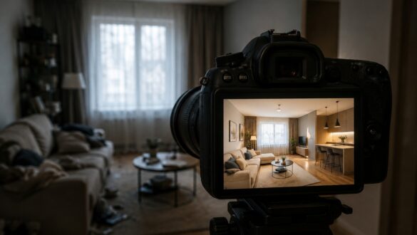 Професійний фотоапарат на штативі знімає квартиру: у видошукачі видно світлий, охайний інтер’єр, тоді як поза ним кімната виглядає темною та захаращеною.