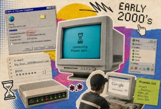 Колаж із символами інтернету початку 2000-х: CRT-монітор, модем, вікно ICQ, повільне завантаження файлів, список контактів і старий комп'ютер із пошуковою сторінкою Google.