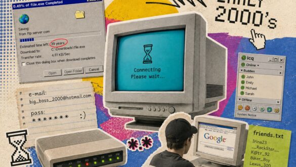 Колаж із символами інтернету початку 2000-х: CRT-монітор, модем, вікно ICQ, повільне завантаження файлів, список контактів і старий комп'ютер із пошуковою сторінкою Google.