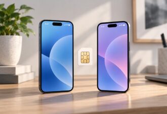 Два сучасні iPhone стоять поруч на світлому столі, а між ними розташована eSIM-картка, що символізує використання одного номера телефону на двох смартфонах Apple.