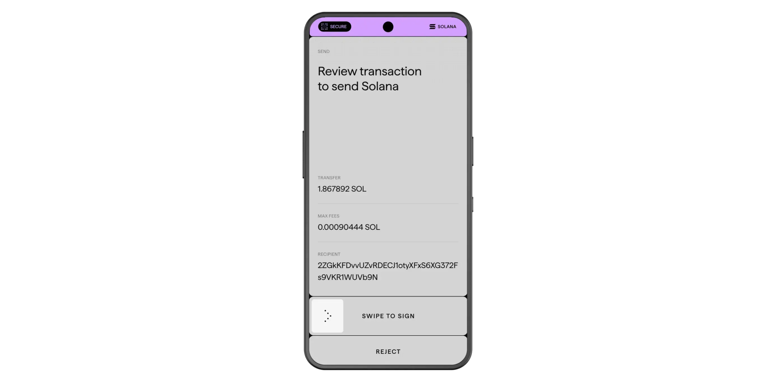 Смартфон Ledger Atom із відкритим екраном підтвердження криптовалютної транзакції в мережі Solana. На дисплеї показано суму переказу, комісію, адресу отримувача та кнопки підтвердження або відхилення операції.